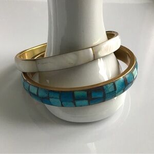 Two Brass Bangles - Ivory Mother of Pearl Inlay and Turquoise Blue Mosaic Inlay